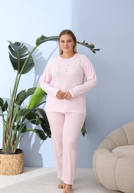 Pijama Dama ,Big Size ,'WINTER VIBES" cu Pantloni si Maneca lunga, Culoare Roz Deschis,Engros